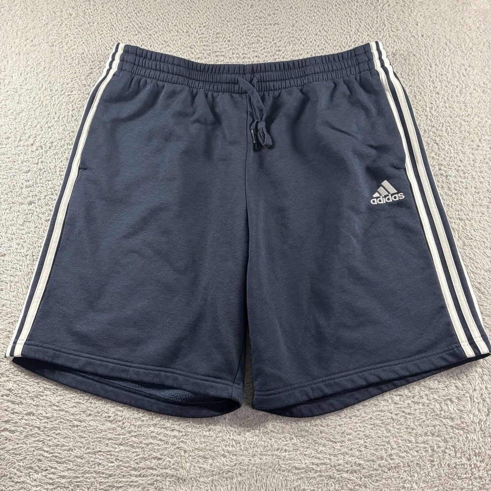 Adidas Sweat Shorts Mens 2XL XXL Navy Blue Stripe Pockets 10" Lounge Athletic